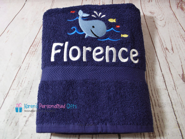 Personalised Kids White Whale Swim/Bath Towel (Choice of colours)