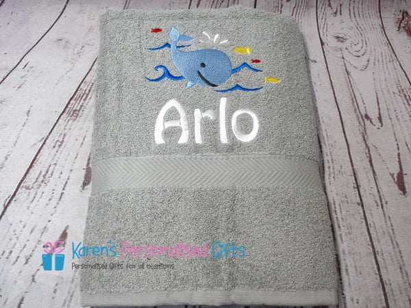 Personalised Kids White Whale Swim/Bath Towel (Choice of colours)