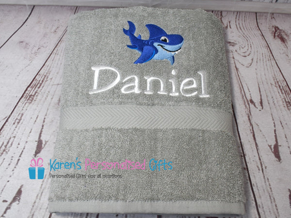 Personalised Kids Royal Blue Shark Swim/Bath Towel (Choice of colours)