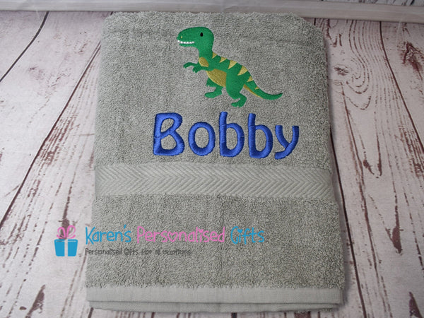 Personalised Kids Blue Dinosaur Swim/Bath Towel (Choice of colours)