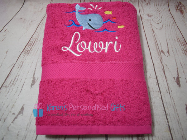 Personalised Kids White Whale Swim/Bath Towel (Choice of colours)