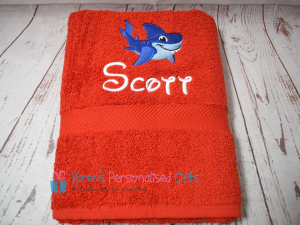 Personalised Kids Royal Blue Shark Swim/Bath Towel (Choice of colours)