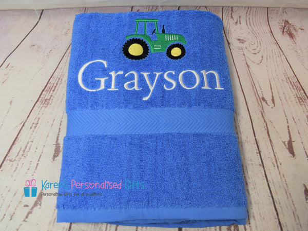 Personalised Kids Tractor Grey Swim/Bath Towel (Choice of colours)