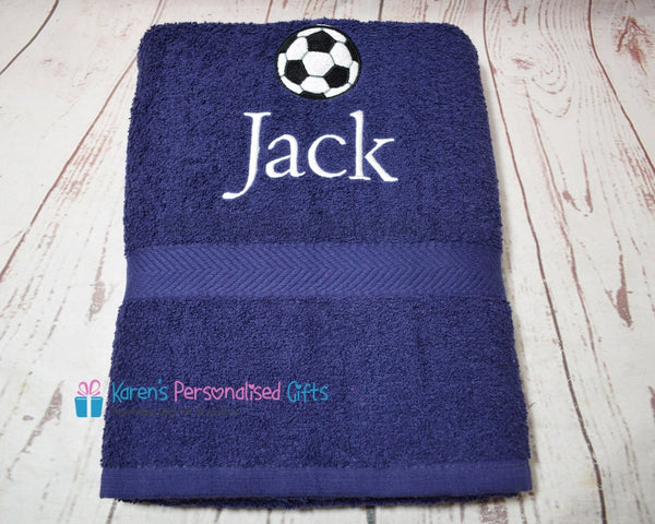 Personalised Kids Football Blue Swim/Bath Towel (Choice of colours)