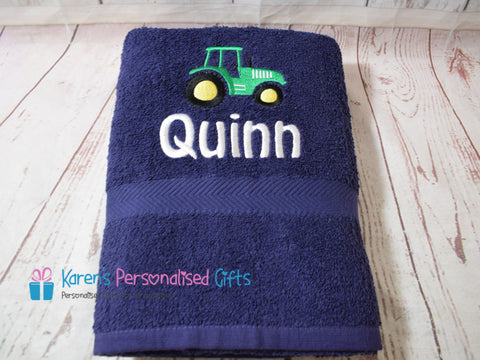 Personalised Kids Tractor Navy Swim/Bath Towel (Choice of colours)