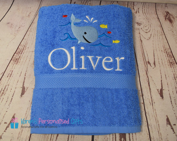 Personalised Kids White Whale Swim/Bath Towel (Choice of colours)