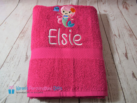 Personalised Kids Pink Mermaid Swim/Bath Towel (Choice of colours)