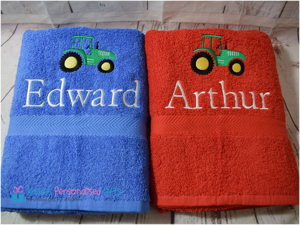 Personalised Kids Tractor Orange Swim/Bath Towel (Choice of colours)