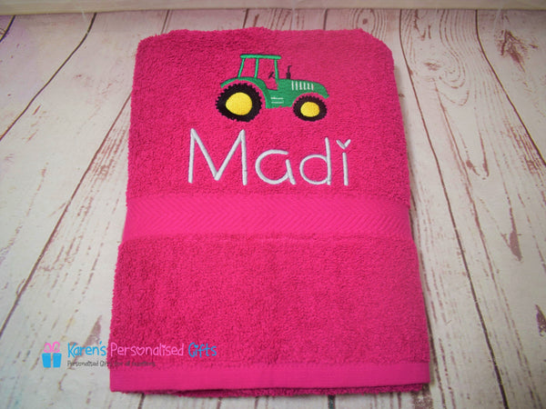 Personalised Kids Tractor Orange Swim/Bath Towel (Choice of colours)