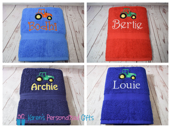 Personalised Kids Tractor Orange Swim/Bath Towel (Choice of colours)