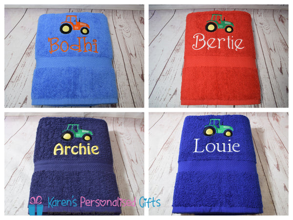 Personalised Kids Tractor Royal Blue Swim/Bath Towel (Choice of colours)