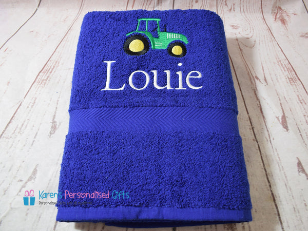 Personalised Kids Tractor Red Swim/Bath Towel (Choice of colours)