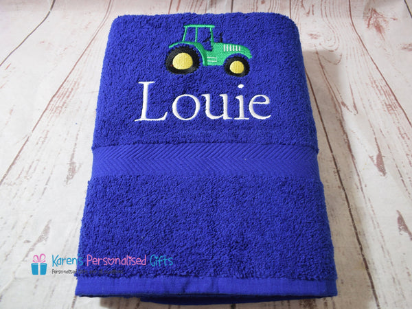 Personalised Kids Tractor Navy Swim/Bath Towel (Choice of colours)