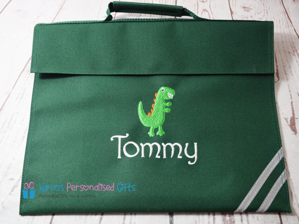 Personalised Green Cute Dinosaur Book bag (Choice of 7 colours)