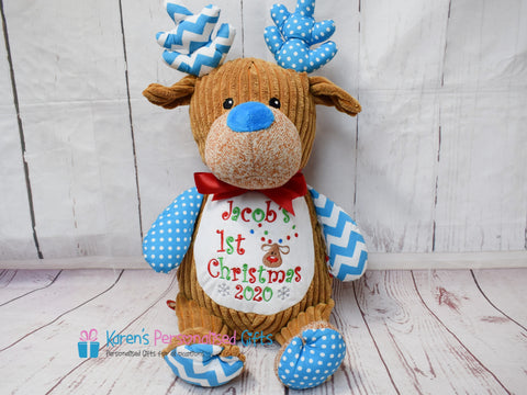 Personalised Blue Harlequin Christmas Reindeer - Cubbies