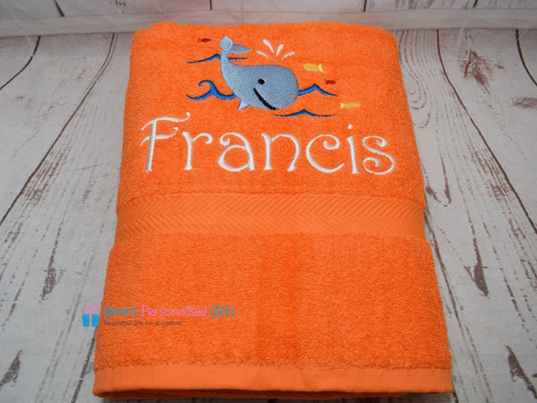 Personalised Kids Red Whale Swim/Bath Towel (Choice of colours)