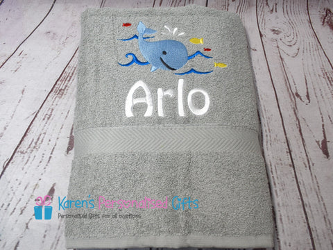 Personalised Kids Grey Whale Swim/Bath Towel (Choice of colours)