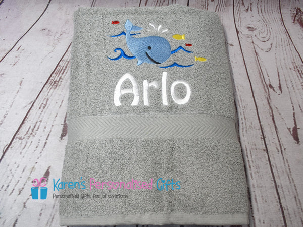 Personalised Kids Blue Whale Swim/Bath Towel (Choice of colours)