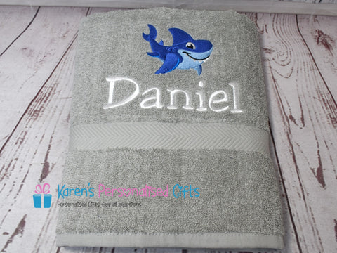 Personalised Kids Grey Shark Swim/Bath Towel (Choice of colours)