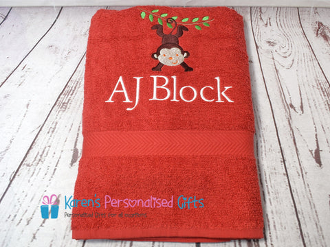 Personalised Kids Red Monkey Swim/Bath Towel (Choice of colours)