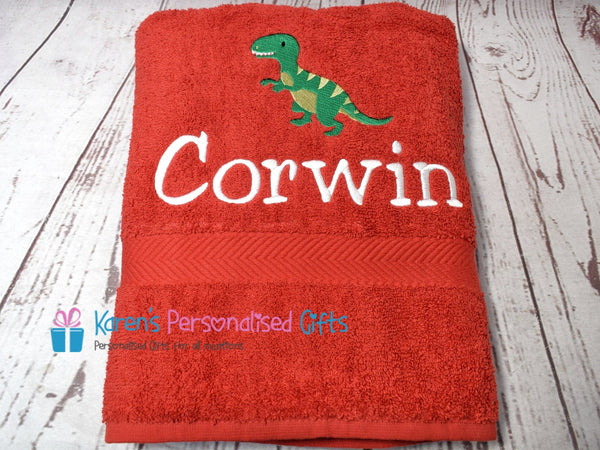 Personalised Kids Royal Blue Dinosaur Swim/Bath Towel (Choice of colours)