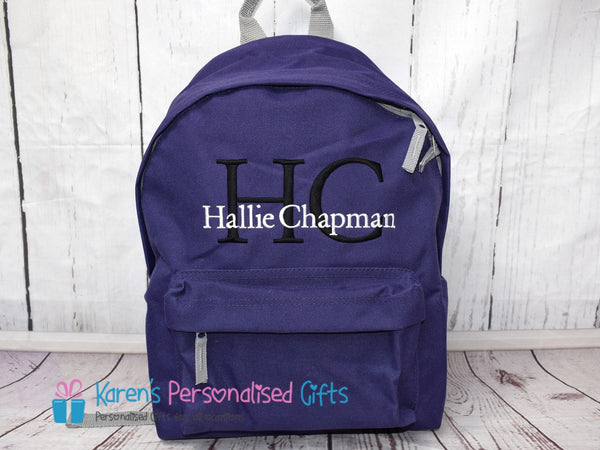 Personalised Purple Monogram Initials + Name Backpack (Choice of colours)