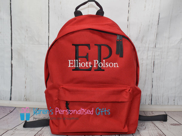 Personalised Red Monogram Initials + Name Backpack (Choice of colours)