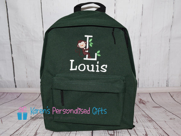 Personalised Bottle Green Monkey Initial Backpack (Choice of colours)