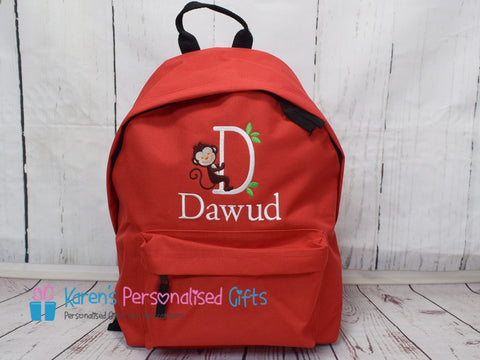 Personalised Red Monkey Initial Backpack (Choice of colours)