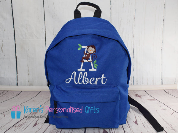 Personalised Blue Monkey Initial Backpack (Choice of colours)