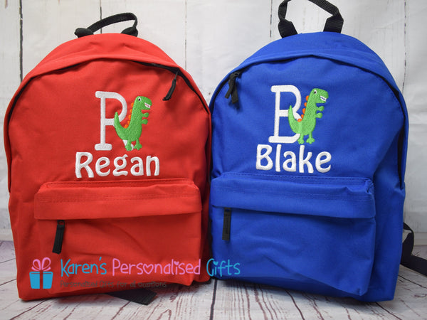 Personalised Blue Dinosaur Initial & Name Backpack (Choice of colours)