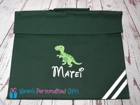 Personalised Bottle Green Dinosaur Book bag (Choice of 7 colours)