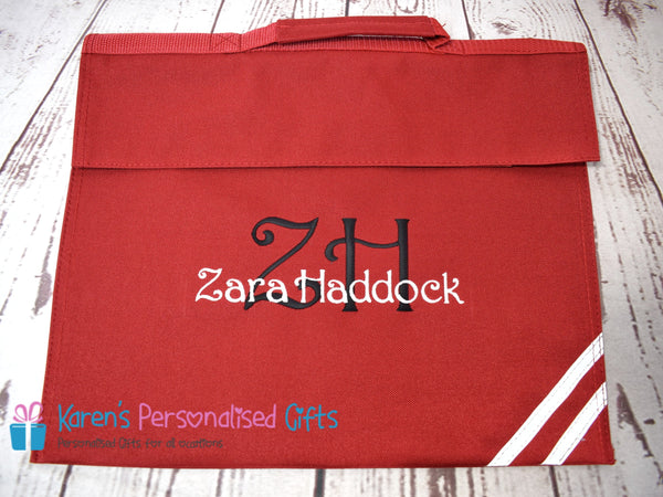 Personalised Red Monogram Initial + Name Book Bag (Choice of 7 colours)