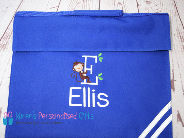 Personalised Bright Royal Blue Monkey Monogram Book bag (Choice of 7 colours)