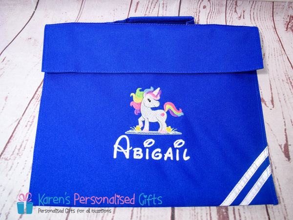 Personalised Bright Royal Blue Cute Unicorn Book Bag (Choice of 7 colours)