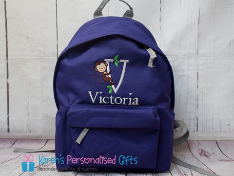 Personalised Purple Monkey Initial Backpack (Choice of colours)