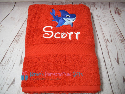 Personalised Kids Red Shark Swim/Bath Towel (Choice of colours)