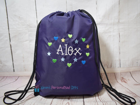 Personalised Purple Hearts Swim/Gym Bag (Choice of colours)