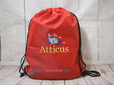 Personalised Red Whale Swim/Gym Bag (Choice of colours)