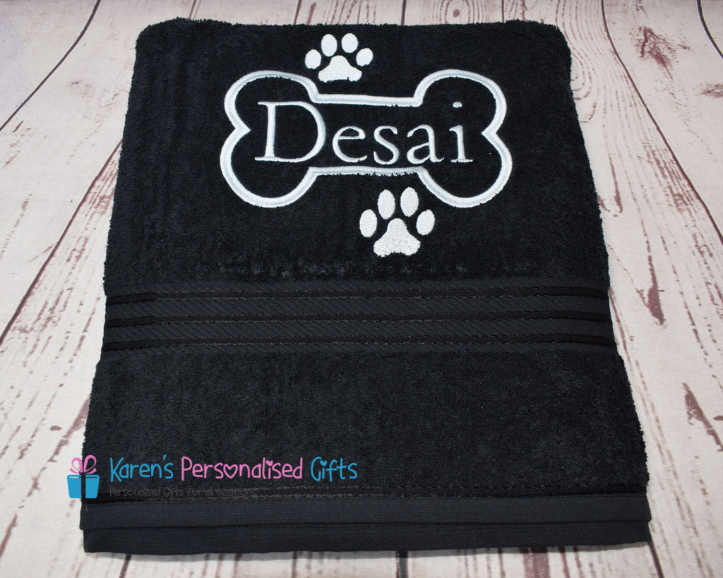 Personalised Black Dog Towel (bone design) 500gsm