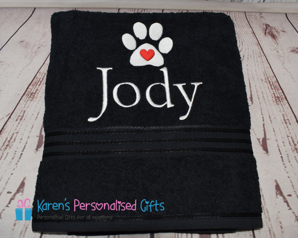 Personalised Black Dog Towel (paw with heart) 500gsm