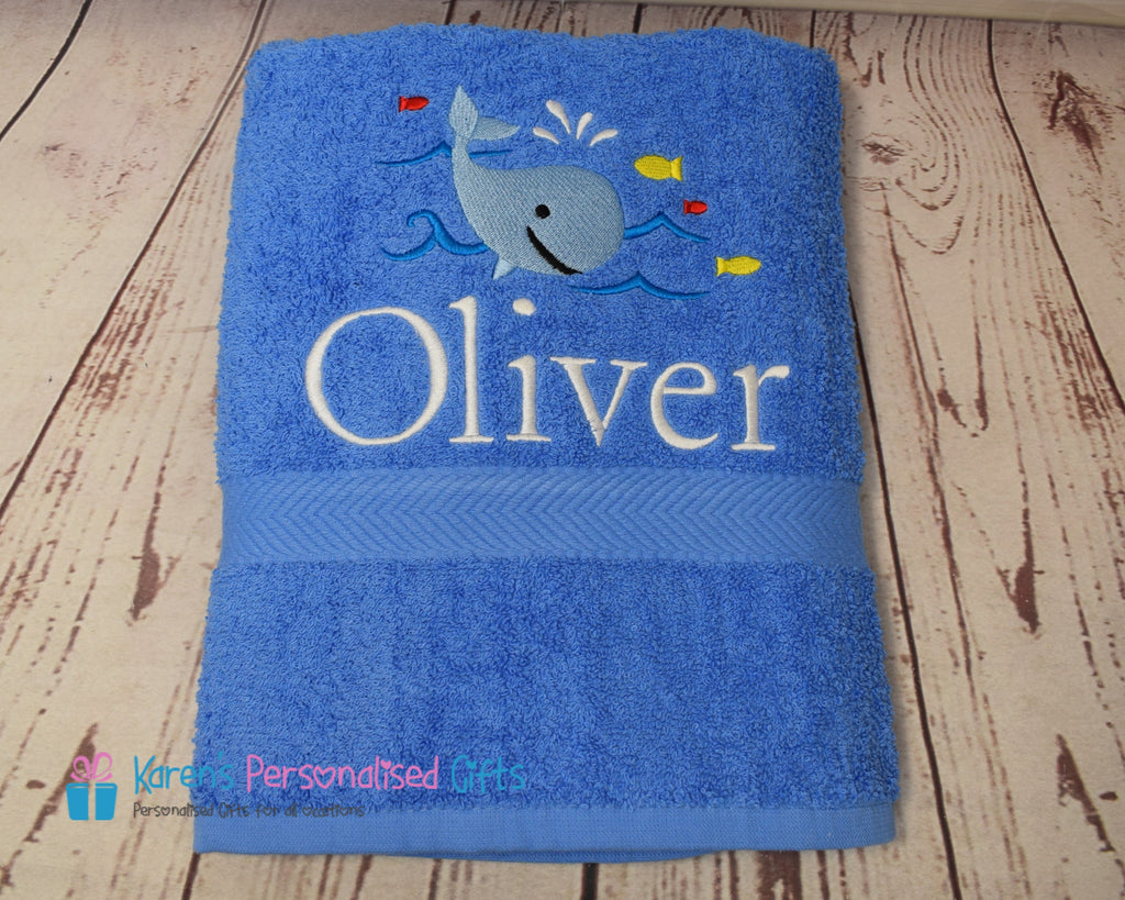 Personalised Kids Blue Whale Swim/Bath Towel (Choice of colours