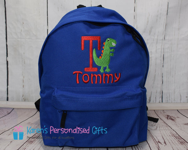 Personalised Blue Dinosaur Initial & Name Backpack (Choice of colours)